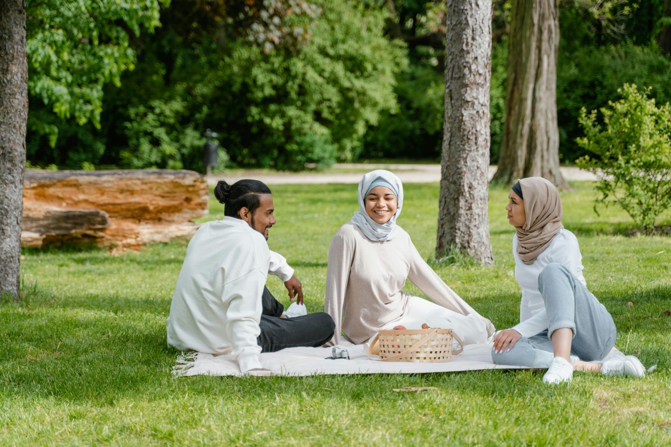 Three people sitting on a picnic blanket in a park